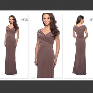 NEW $398 La Femme 26519 Cocoa Brown Ruched Bodice Jersey Gown  Size 2